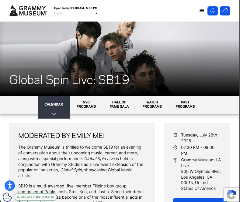 ItsMeJohnH87's tweet photo. MODERATED BY EMILY MEI
The Grammy Museum is thrilled to welcome SB19 for an evening of conversation about their upcoming music, career, and more, along with a special performance. Global Spin Live is held in conjunction with Grammy Studios as a live event extension of the popular online series, Global Spin, showcasing Global Music artists.
https://t.co/yqpfvcFJZc