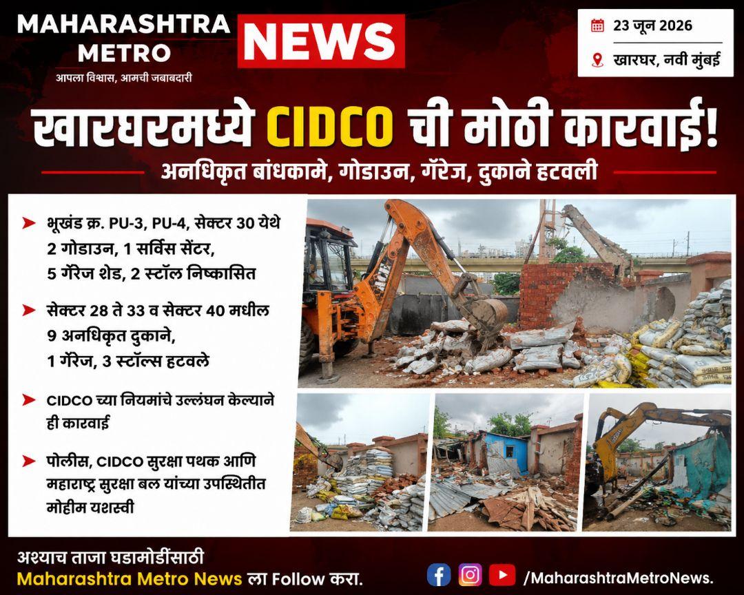 MaharashtraMet2's tweet photo. 🚨 खारघरमध्ये सिडकोची मोठी कारवाई! 🚨सिडकोने खारघर नोड (सेक्टर २८-३३, ३०, ४०) मधील अनेक अनधिकृत गोडाऊन, गॅरेज, आणि दुकानांवर धडक निष्कासन मोहीम राबवून ती जमीनदोस्त केली.सिडको नियमांचे उल्लंघन करणाऱ्यांवर ही कडक कारवाई करण्यात आली आहे.#CIDCO #Kharghar #NaviMumbai #EnforcementDrive https://t.co/YOkKZG9nEI