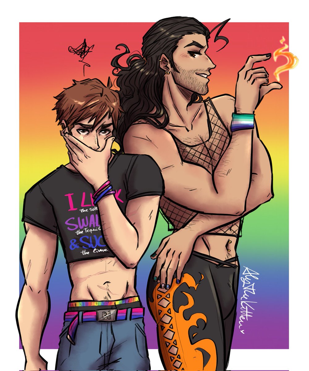 AlyTheKitten's tweet photo. Happy pride month ya filthy animals 🎉🎉🎉 
Remember to be loud and proud 💕 
Ps: Robert's shirt is Z team's present 😏 
#flambert #mechabae https://t.co/jIN7CMBdph