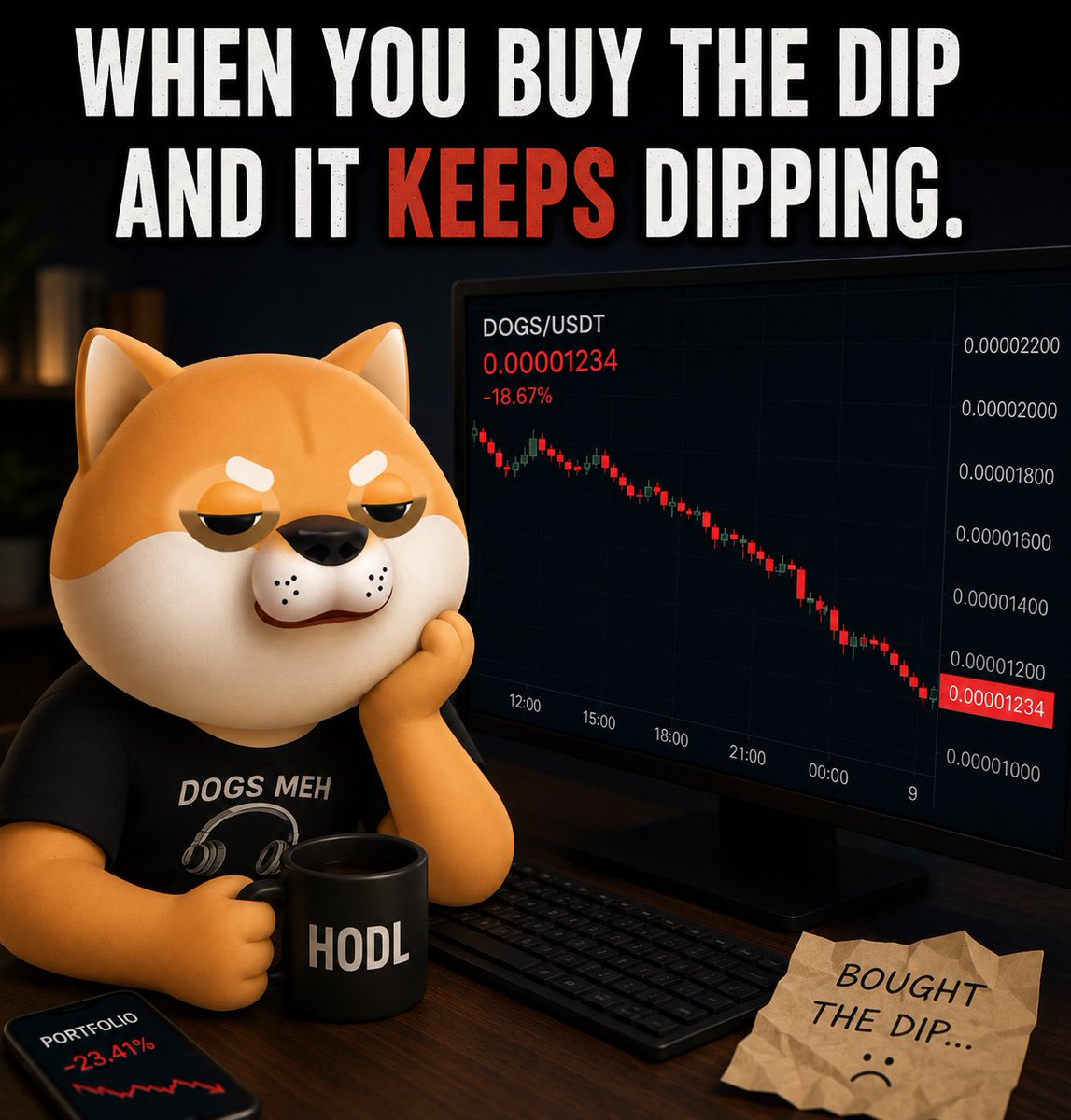 DogsMeh2026's tweet photo. When you buy the dip and it keeps dipping.

DOGS MEH knows the feeling. 😐📉

#DOGSMEH #MemeCoin #Crypto #HODL #BuyTheDip #TradingMemes #CryptoMemes #Altseason #Web3 #DeFi https://t.co/Uap0Mdoq1K