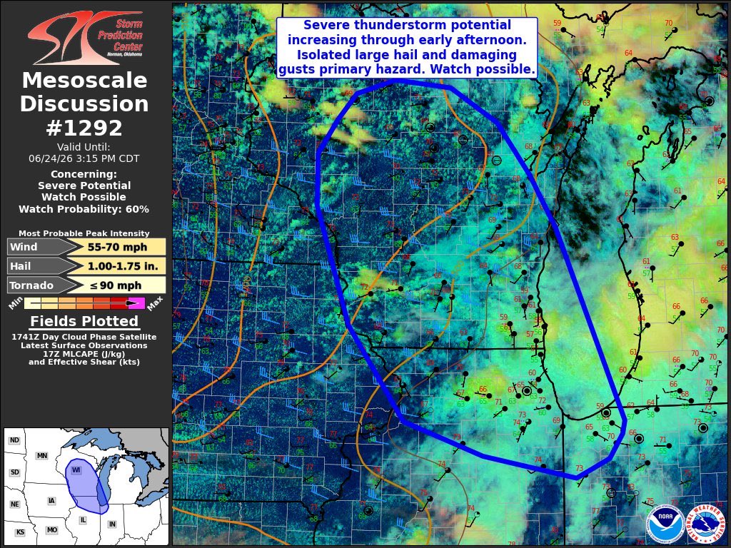 MananMathur21's tweet photo. There is 60% chance for severe thunderstorm watch to be issued in Wisconsin and northern Illinois. Given the colder upper levels, hail is primary threat in Wisconsin while wind gusts mostly staying in 30-45mph range. Oddly, far S WI / N IL has best localized severe gusts risk. https://t.co/cPlC9IY2vi