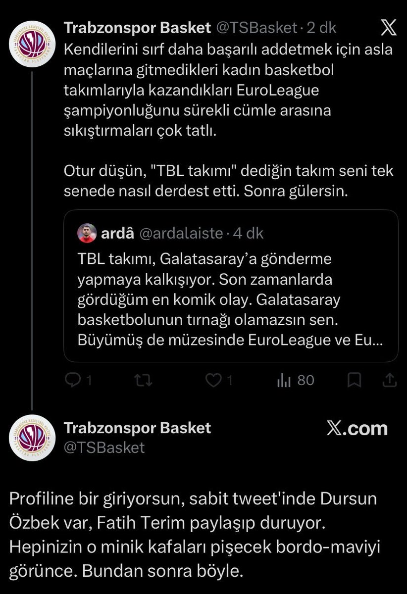 ardalaiste's tweet photo. @3634berat TBL Takımı dediğim takım bizi derdest etmiş sabaha kadar güleriz şuna. Gören de final oynadı falan sanacak. Sonra da olayla alakasız şekilde Fatih Terim falan diyor ve engelliyor. Maymun bundan daha zeki muhtemelen. https://t.co/sawKwm4OvC