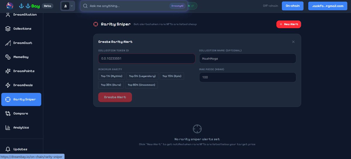DreamBayio's tweet photo. It's funny how everyone wants to "buy the dip" 📉

But when the dip actually arrives...

Nobody wants to click buy 😂

That's why having a watchlist and automatic alerts matters.

DreamBay doesn't care about emotions.

If the floor hits your target, you'll know instantly 🌙🐳

What's a collection you wish you bought when it was cheaper?