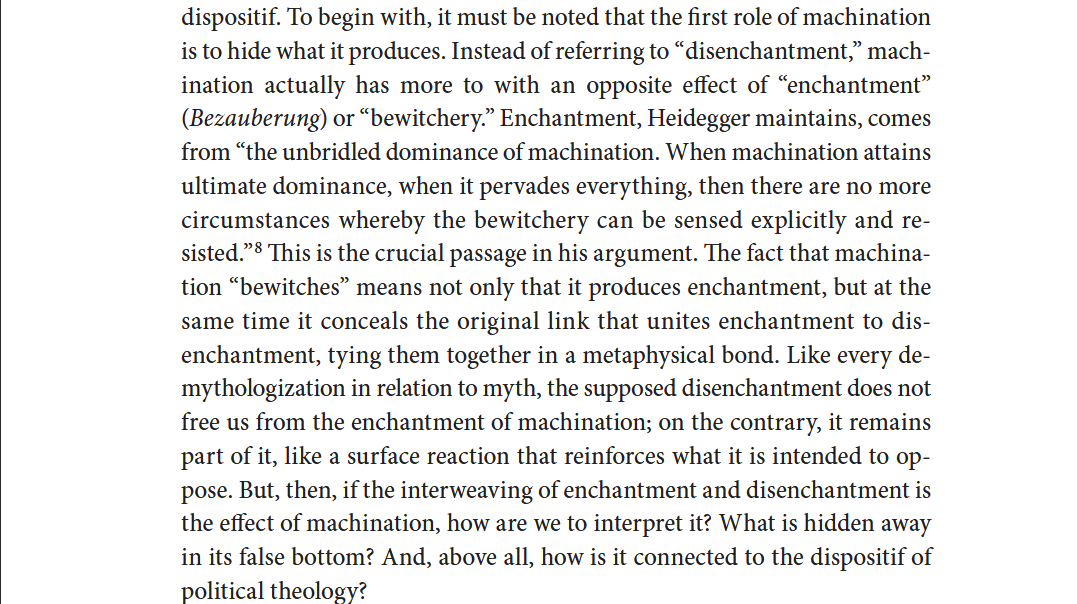 guilherme94jose's tweet photo. Roberto Esposito brilliantly captures Heidegger’s idea of the enchantment of machination, at its ultimate dominance, machination produces a false disenchantment that becomes part of the enchantment itself, leaving no true resistance.

Now relate this to AI safety, for example. https://t.co/TTtVZcDABn