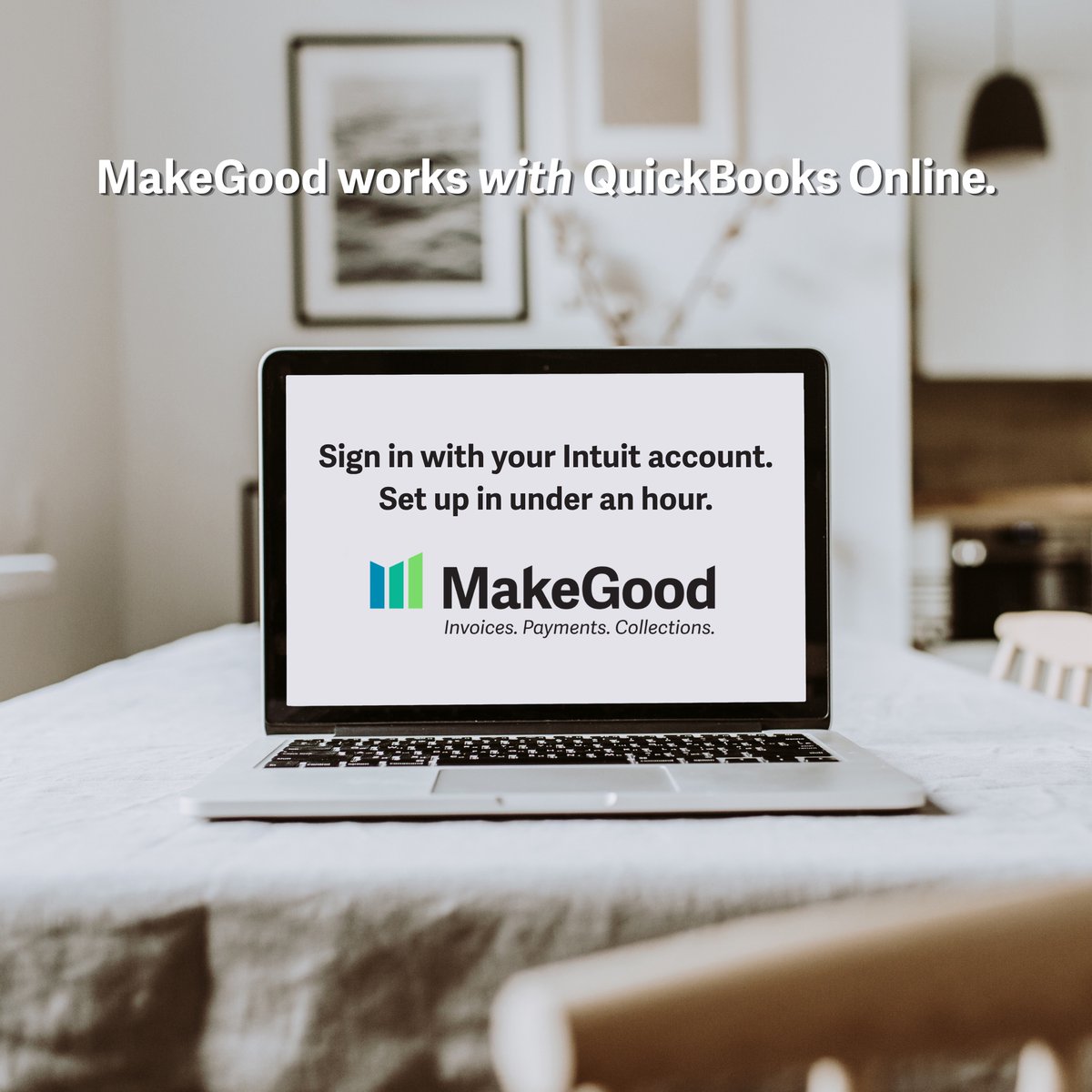 MakeGoodApp's tweet photo. MakeGood + QuickBooks Online: two-way sync, Intuit sign-in, zero duplicate entry. Every invoice and payment stays current in both. Setup in under an hour. https://t.co/Ijc9nUE0d0