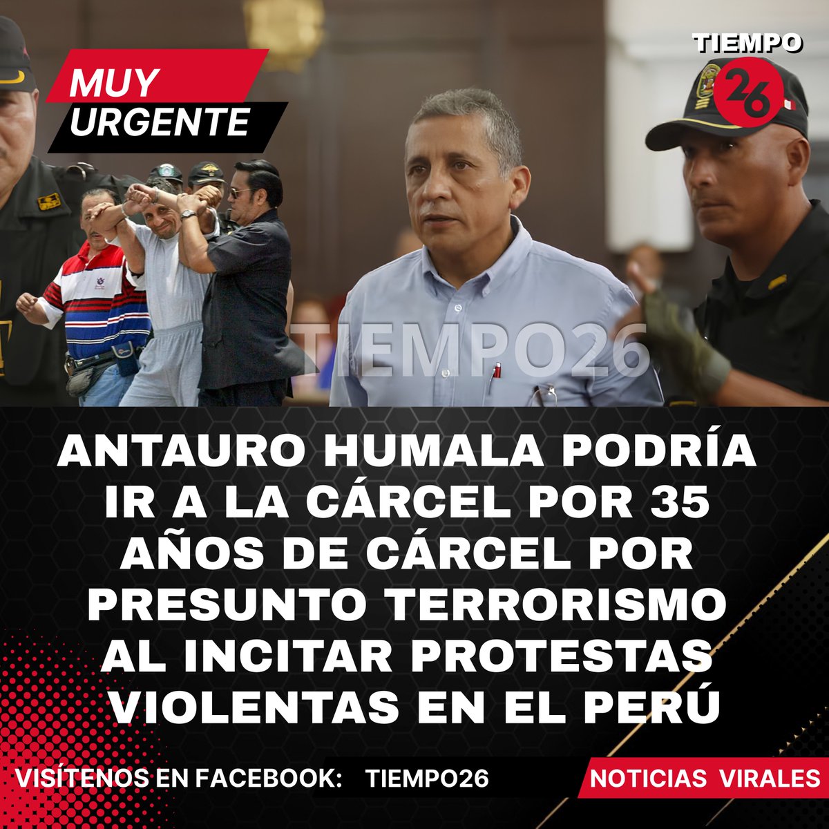 suriel's tweet photo. ⚫🔴MUY URGENTE
Si Antauro Humala presuntamente continúa incitando a protestas violentas a lo largo y ancho del Perú y en esas protestas se cometen actos de violencia que atenten contra la seguridad nacional y contra el bien público y privado, Antauro, podría regresar a prisión por 35 años más.

Los cargos que recaerían contra Antauro sería el delito de presunto terrorism* al incitar protestas violentas, señala el abogado Mario Amoretti.

La sanción también alcanzaría contra al ciudadana peruana Elizabeht Flores, Claudia Cisneros y otros implicados en la reciente denuncia que recibió el Ministerio Público de parte de la Procuraduria General del Estado.
