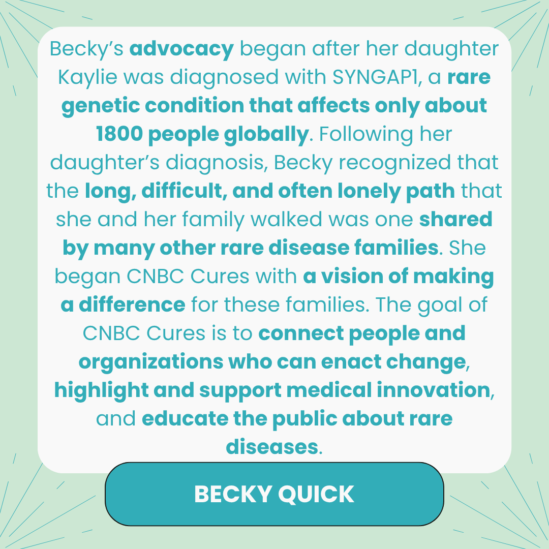 MyGeneCounsel's tweet photo. We're excited to share a special edition of our #AdvocacySpotlight series! This month, we're highlighting @CNBC's @BeckyQuick, who spearheaded the launch of CNBC Cures, an initiative dedicated to rare disease awareness, after her daughter was diagnosed with a genetic condition! https://t.co/tGmPu22SIs