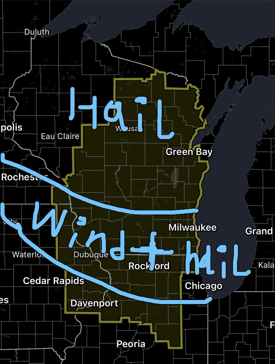 MananMathur21's tweet photo. Just showing a best break down of the risk. On the bonus, severe thunderstorm watch also just issued in Wisconsin and northern Illinois through 10pm CDT. https://t.co/K6F6UxnI8T