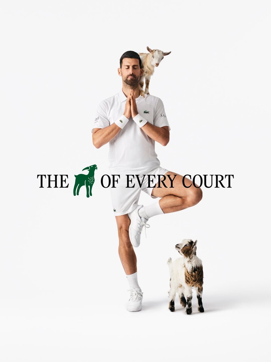 lordsambrah's tweet photo. Novak Djokovic and Lacoste just dropped their new “GOAT” campaign.

For the first time in 92 years, Lacoste replaced its iconic crocodile logo with a goat, a tribute to Djokovic’s place in tennis history and his record 24 Grand Slam titles. The collection features polos, t-shirts, tracksuits, caps and trousers bearing the special GOAT logo.  

Perfect timing.

With Wimbledon around the corner, Djokovic is chasing history once again. One more title would give him an unprecedented eighth Wimbledon crown, tying the men’s singles record held by Roger Federer and adding another chapter to a career that has already redefined greatness.