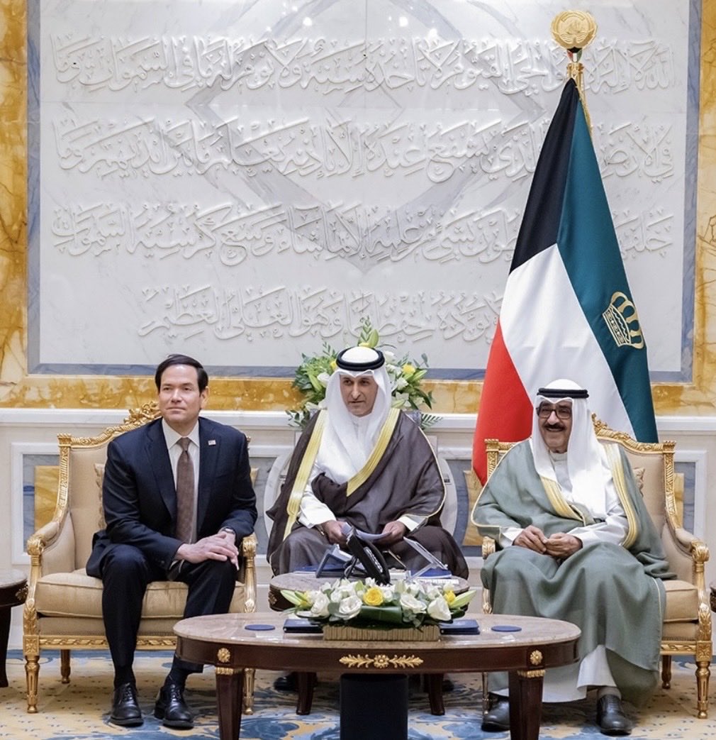 KuwaitembassyUS's tweet photo. The Hon. Marco Rubio US Secretary of State had the honor of meeting H.H. the Amir of the State of Kuwait Sheikh Meshal AlAhmad AlJaber AlSabah, and H.H. the Crown Prince Sheikh Sabah Khaled AlHamad AlSabah, as well as H.E. the Foreign Minister Sheikh Jarrah Jaber AlAhmad AlSabah. https://t.co/78BLUs3ClD