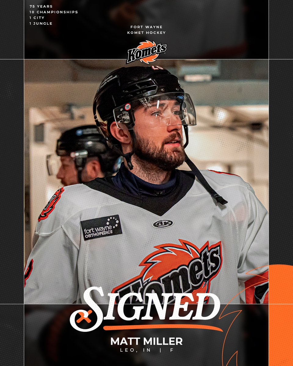 FWKomets's tweet photo. From just up the road, Matt Miller is also staying home for his second season!

@_MattMiller__, the Leo, IN native, recorded three goals and seven assists in 55 games last season. Miller also spent time with the Reading Royals (ECHL) and Lehigh Valley Phantoms (AHL) before joining the K's.