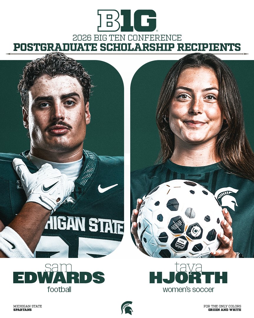 MSU_Athletics's tweet photo. Congrats Sam Edwards of @MSU_Football and Taya Hjorth of @MSU_wsoccer!

They have been named the MSU recipients of Big Ten Conference Postgraduate Scholarships. https://t.co/7NoeGugcPd