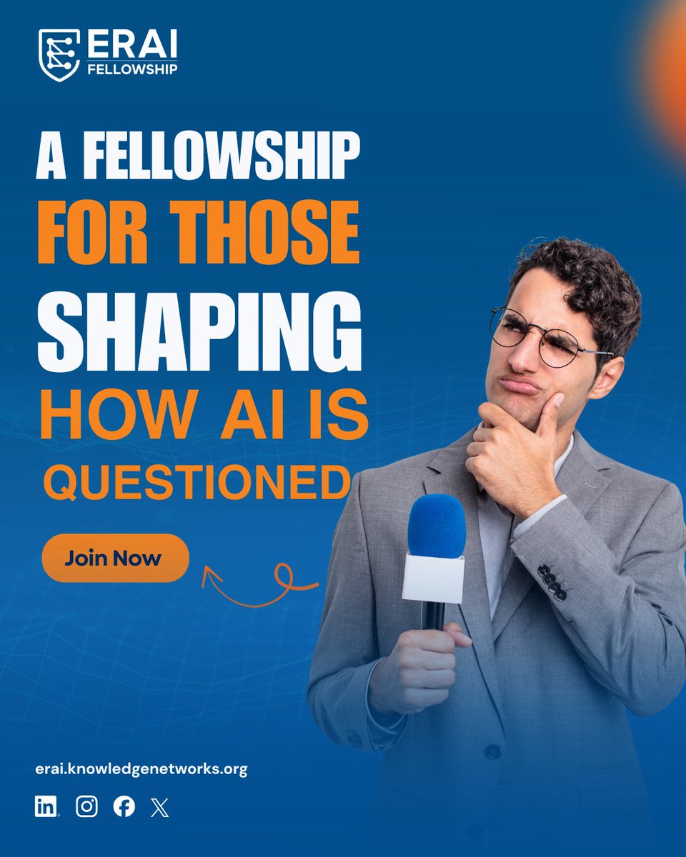 ERAI_2026's tweet photo. AI’s future depends not just on builders, but on informed storytellers. The ERAI Fellowship equips media professionals with the knowledge, networks, and perspectives to report on AI governance, policy, and innovation with greater confidence, accuracy, and impact.

Join the KNC to stay updated on the upcoming ERAI Fellowship cohort- https://t.co/5rN98YEMng

#ERAIFellowship #MediaProfessionals #ResponsibleAI #AIJournalism #AIGovernance #ArtificialIntelligence #KnowledgeNetworks