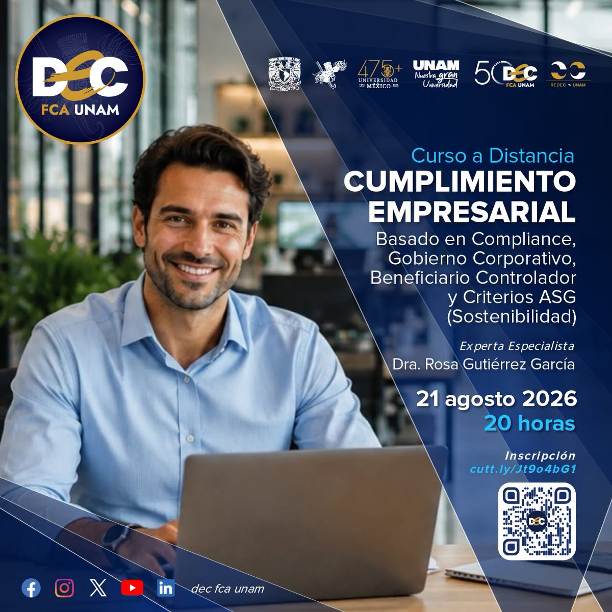 decfca's tweet photo. Curso a distancia: Cumplimiento Empresarial, basado en Compliance, Gobierno Corporativo, Beneficiario Controlador y Criterios ASG (Sostenibilidad)
⏱️ Duración: 20 horas | vie 17–21 h, sáb 9–13 h
📝 Inscríbete: https://t.co/Vrx74cVEbJ https://t.co/zGijVaOB7d
