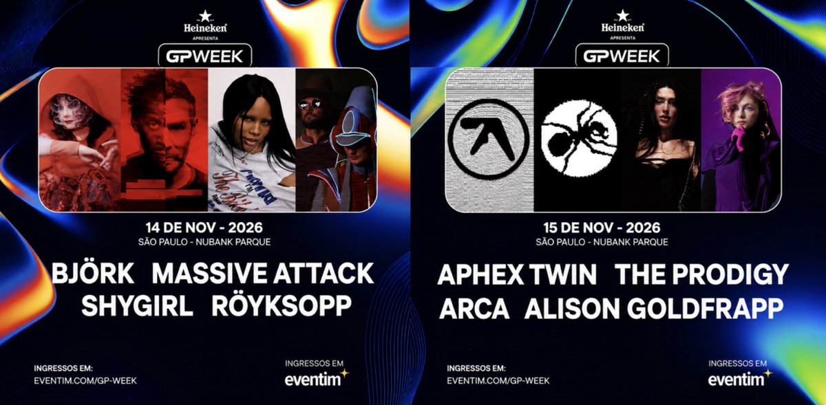 bjork_brasil's tweet photo. 🚨🚨🚨🚨🚨 BJÖRK DE VOLTA AO BRASIL!!!

GP Week acaba de anunciar retorno para sua 3ª edição, com um line CHOCANTE com Björk encabeçando as atrações do primeiro dia.

Mais informações sobre o evento, quando ele for verdadeiro, você só encontra em https://t.co/R9TMn9Q6Gk https://t.co/04I15NUUKS