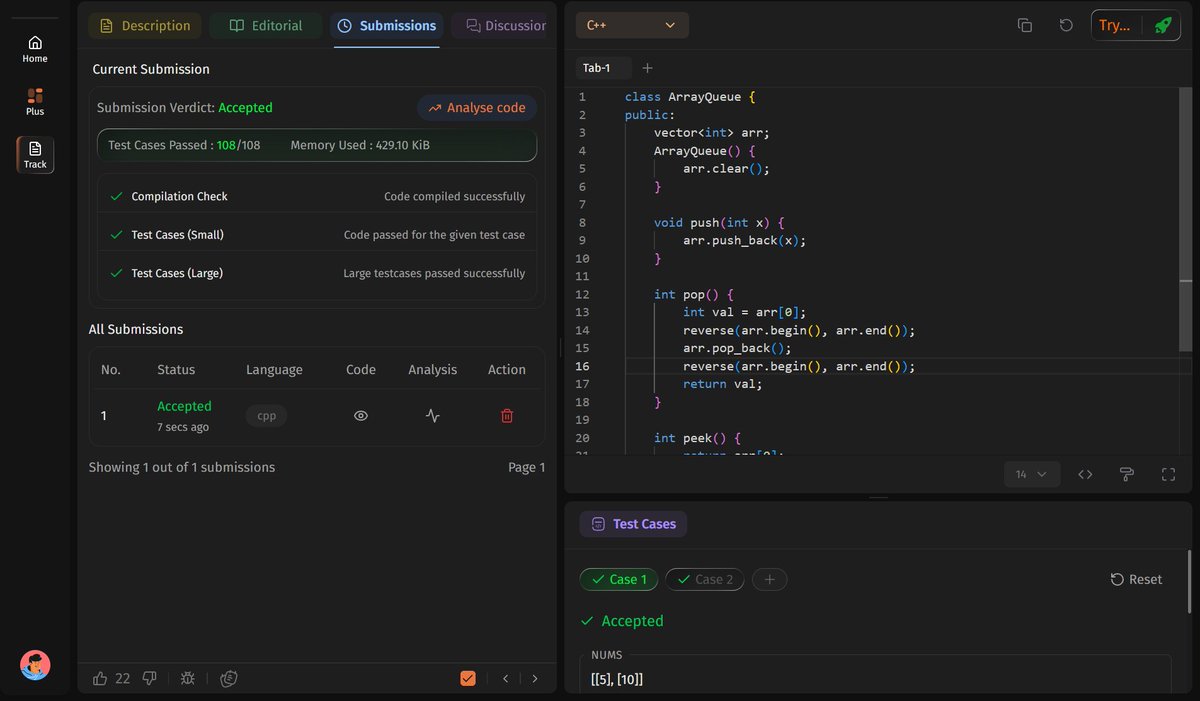 bunnyLikesToCod's tweet photo. Day 24 of #SDESheetChallenge

Implement Stack using Arrays - ✅
Implement Queue using Arrays - ✅
Implement Stack using Queue (using single queue) - ✅
Implement Queue using Stack - ✅

@takeUforward_  @striver_79  #LeetCode  #45DaysChallenge https://t.co/VoYgYvSg5p