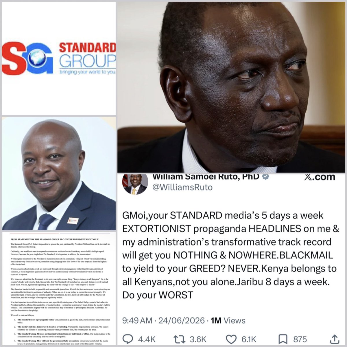 smutoro's tweet photo. WILLIAM RUTO’S GOVT OWES STANDARD GROUP SH1.2 BILLION IN UNPAID ADS 
🫆Instead of paying, he went on X at 9:49 am to call them extortionists, blackmailers and propagandists — from the highest office in the land.
🫆Standard hit back with four words that buried him: “We have the receipts.”
🫆The real blackmail, they said, is your government withholding  Sh1.2 billion to strangle a media house into silence.
🫆Ruto threatened “Do your WORST.” 
🫆Standard responded: We will hold the government accountable for any harm to our journalists, directors and shareholders”
🫆A sitting President, angry and exposed, picked a public fight with a newspaper he owes money to.
🫆He didn’t win. He lost. Angered. And conquered …