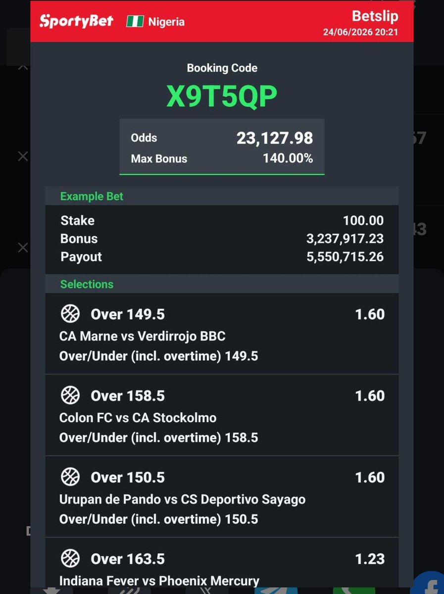 faithdeyforyou's tweet photo. ‼️55K ODDS OVERNIGHT GRAND AUDIT ON BASKETABALL (#SPORTY)

Starts 12:15 AM 

🥂 55K ODDS - VX9WEX
🥂 23K ODDS - X9T5QP
🥂 8K ODDS - JZ7XTQ
🥂 4K ODDS - WCT0RA
🥂 1.4K ODDS - L509MW
🥂 500 ODDS - T5NK9H

🗣️Join Our Telegram👇
https://t.co/vPI4XDEPHA

🗣️Join X Twitter Page👇
https://t.co/zRuI4vJ8fW