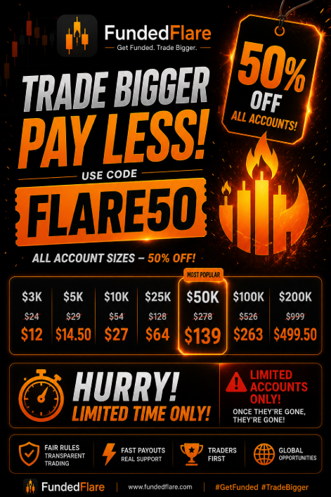 FundedFlare's tweet photo. 🚨 50% OFF EVERYTHING. 🚨

For a limited time only, every FundedFlare challenge account is 50% OFF.

Use code:

🔥 FLARE50 🔥

Examples:
💰 $3K → $12
💰 $5K → $14.50
💰 $10K → $27
💰 $25K → $64
💰 $50K → $139
💰 $100K → $263
💰 $200K → $499.50
⚠️ Limited number of discounted accounts available.
⚠️ Once they're gone, they're gone.
⚠️ No extensions.
Get funded for half the price.

Comment "FLARE50" if you're in.
#PropFirm #Forex #FundedTrader #Trading #Gold #XAUUSD #FundedFlare