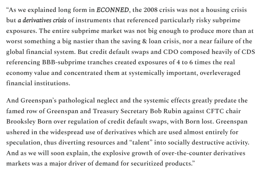 RudyHavenstein's tweet photo. "...the 2008 crisis was not a housing crisis, but a derivatives crisis..."

- Yves Smith https://t.co/PvzBhji4hu