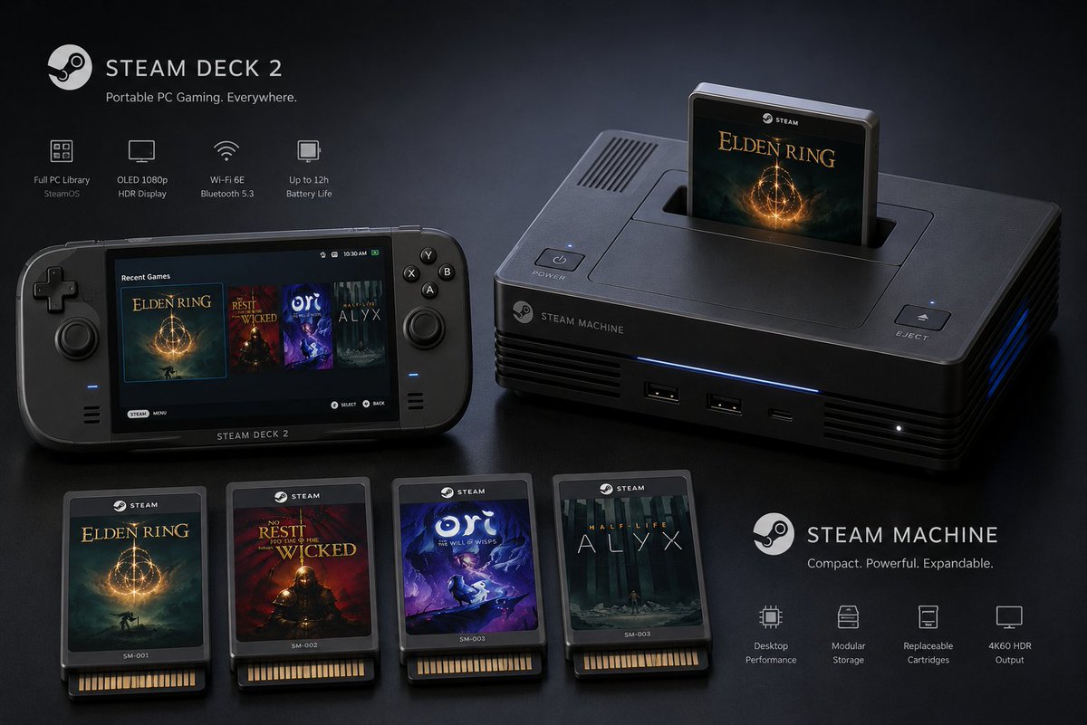 thomasmahler's tweet photo. Recently I've been thinking that it could be cool to bring game cartridges back. There was just something nice about holding those physical things in your hand, collecting them, etc.

Steam Machine has been revealed, so I quickly asked AI to vomit out an image of what that could look like. Not exactly the sexiest design, but I think there's something neat about seeing these little SSD-like carts in combination with modern games!