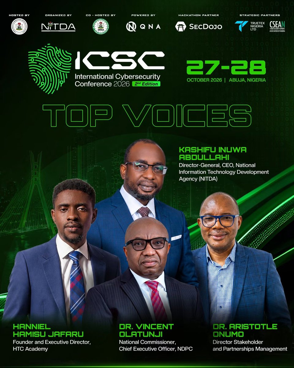 ImamSafone's tweet photo. Position your brand alongside the top voices shaping cybersecurity, digital trust and critical infrastructure protection.

ICSC 2026 brings together government leaders, regulators, enterprise decision-makers and cybersecurity experts for high-level conversations at one of the region’s key cybersecurity gatherings.

𝗣𝗮𝗿𝘁𝗻𝗲𝗿 𝘄𝗶𝘁𝗵 𝘂𝘀 𝗮𝘁 𝗜𝗖𝗦𝗖 𝟮𝟬𝟮𝟲.
Contact sponsorship@icsc.ng to 𝗿𝗲𝗾𝘂𝗲𝘀𝘁 𝘁𝗵𝗲 𝘀𝗽𝗼𝗻𝘀𝗼𝗿𝘀𝗵𝗶𝗽 𝗯𝗿𝗼𝗰𝗵𝘂𝗿𝗲 and 𝗱𝗶𝘀𝗰𝘂𝘀𝘀 𝗮𝘃𝗮𝗶𝗹𝗮𝗯𝗹𝗲 𝗽𝗮𝗰𝗸𝗮𝗴𝗲𝘀.

Abuja, Nigeria 📅 27–28 October 2026
Visit: https://t.co/oWJus6gj98

@KashifuInuwa 
@NITDANigeria