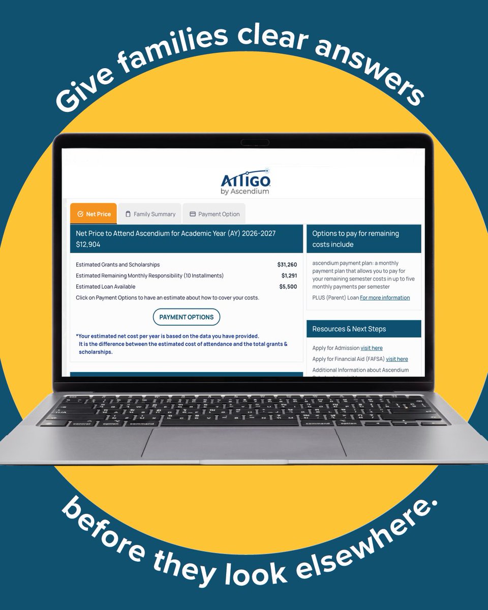 AttigoSuite's tweet photo. Is your net price calculator compliant?

Attigo helps schools deliver accurate personalized estimates aligned with federal requirements while building trust with students and families.

#Attigo by @AscendiumEd #HigherEd #StudentLoans

https://t.co/EF88bdQ05K https://t.co/Feyb1O8X98