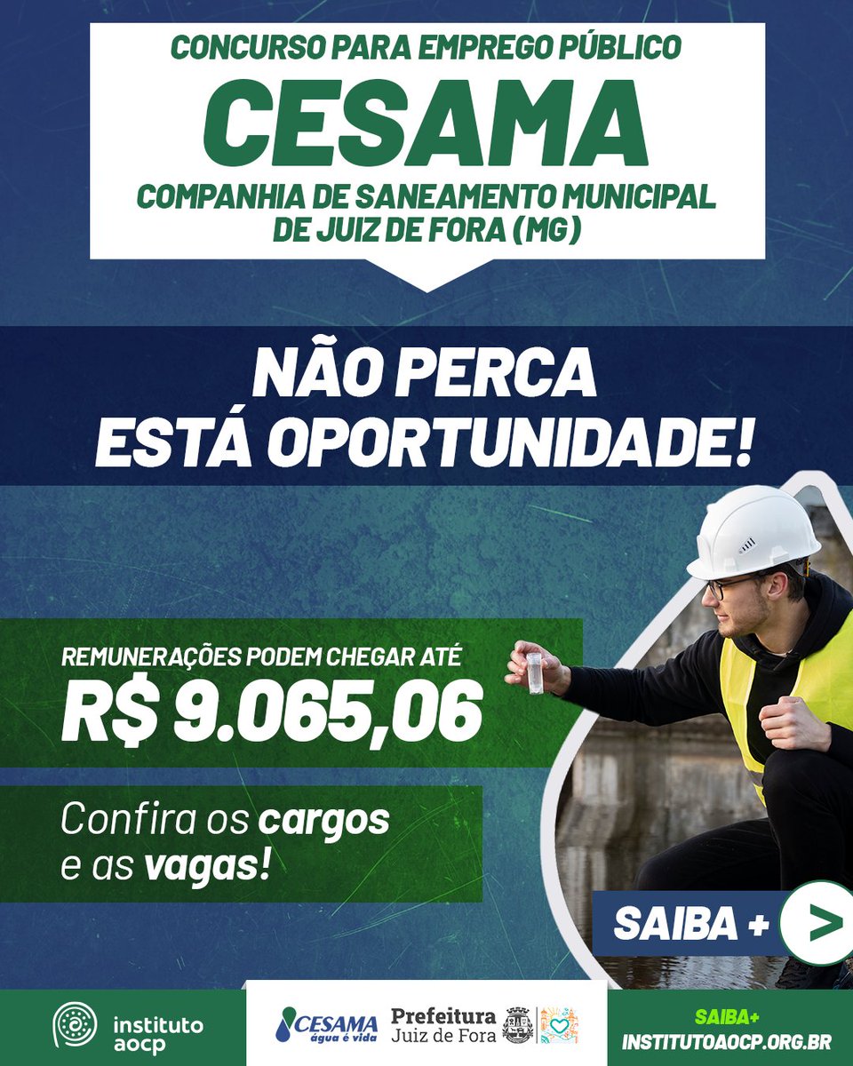 InstitutoAOCP's tweet photo. 🧮 VAGAS PARA Analista de Saneamento: Administrador e Contador 🖥️

APROVEITE as inscrições do Concurso para Emprego Público da CESAMA de Juiz de Fora (MG), com vagas de níveis Fundamental, Médio, Técnico e Superior.
 
✅🔗 INSCREVA-SE AGORA: https://t.co/qxskovIVv7 https://t.co/lxuu15RyXR