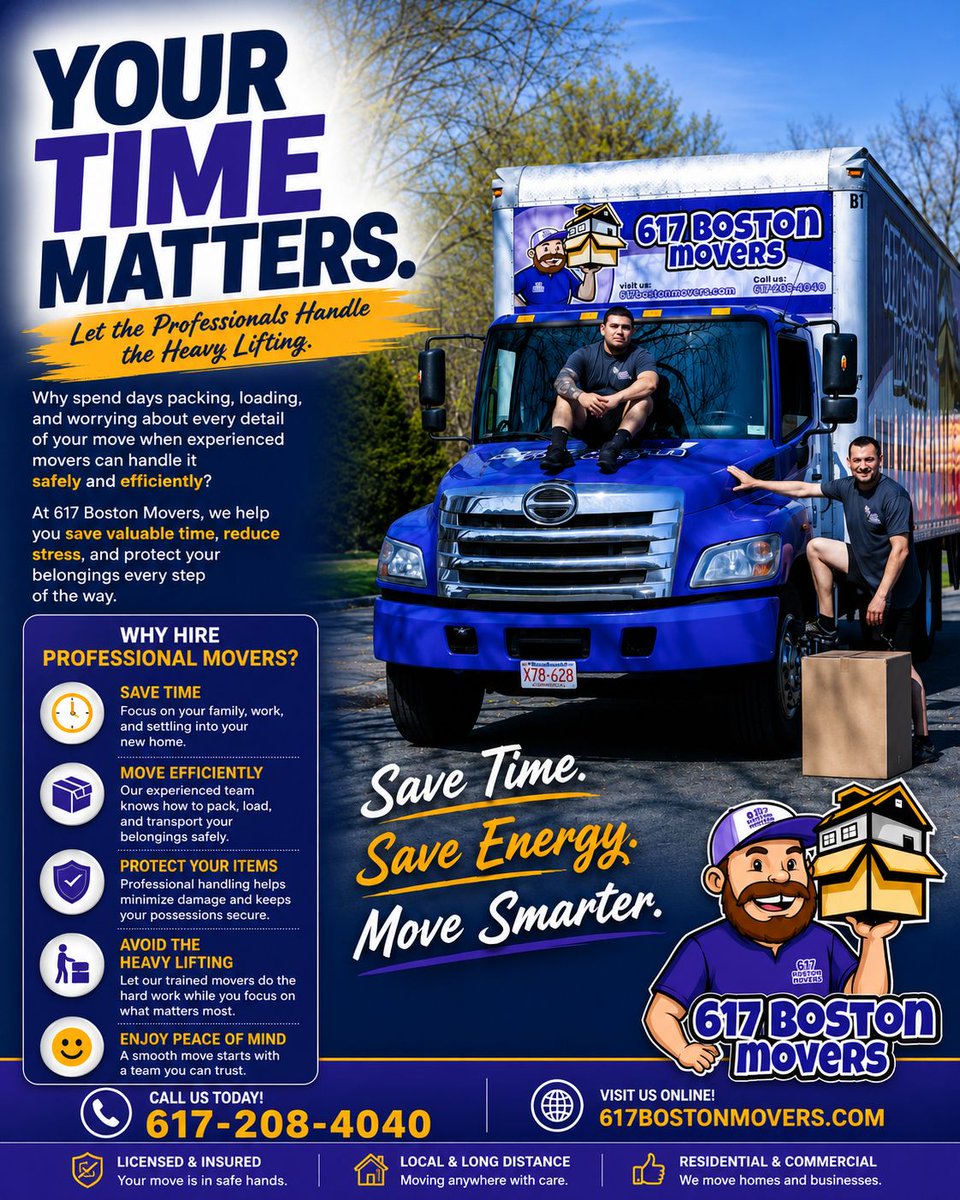 617BostonMovers's tweet photo. Your time matters. Let 617 Boston Movers handle the heavy lifting while you focus on what’s next. Reliable, efficient, and stress-free moving services every step of the way. 💜

#617BostonMovers #MoveSmarter #BostonMovers #StressFreeMoving #YourTimeMatters https://t.co/3Z3T9eN6w5