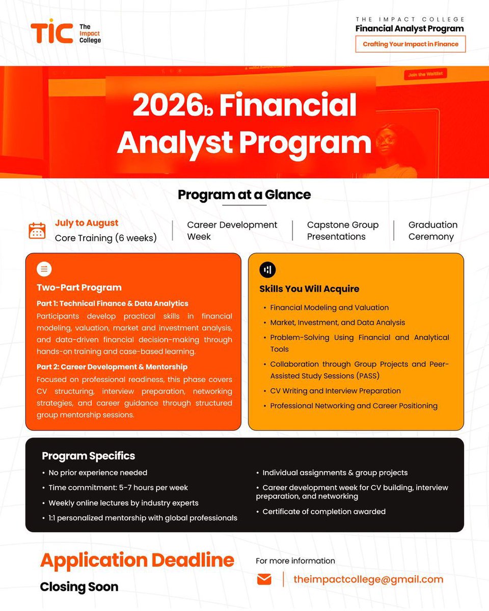 TomiTalksTax's tweet photo. Ready to gain real-world finance skills and career mentorship?

The Impact College Financial Analyst Program offers hands-on training, expert mentorship, and career development support to help you build the skills needed to stand out in the finance industry.

Invest in building your career in finance.

Apply now: https://t.co/IQ90KHHC52

Learn more about The Impact College and our programs:
https://t.co/pMqadSctlR