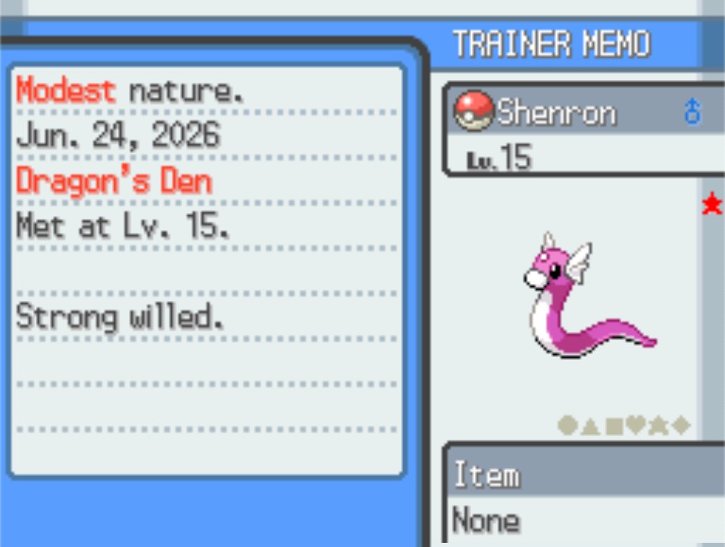 JimPlaysPokemon's tweet photo. Shenron the Shiny Dratini, a gift from the Dragon Master in the Dragon's Den! It's got ExtremeSpeed but think I'll be running it as a special attacker with that nature. GOATed shiny https://t.co/v1zNxukBUV