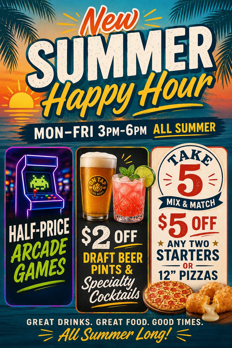 ColonialBowlNJ's tweet photo. ☀️ Summer Happy Hour is here! ☀️
Mon–Fri | 3PM–6PM

🎮 Half-Price Arcade Games
🍺 $2 Off Draft Beer &amp; Specialty Cocktails
🍕 TAKE 5: $5 Off Any TWO Starters or 12"" Pizzas

Eat. Drink. Play. All summer long. #Take5 #HappyHour #ColonialBowling https://t.co/kJlg8duZ8y