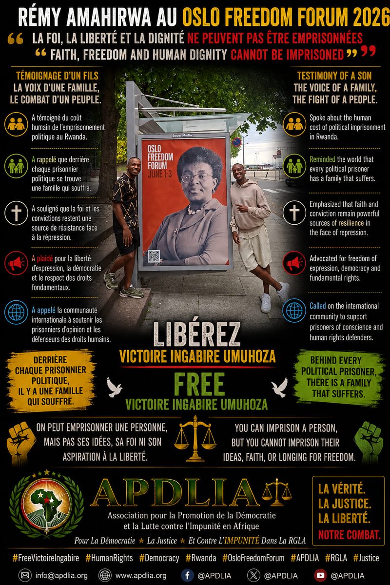 ApdliaA's tweet photo. 🚨 At #OsloFreedomForum2026, #Rémy_Amahirwa reminded the world of a simple truth: behind every political prisoner, there is a family that suffers. Freedom, justice and human dignity cannot be imprisoned. #FreeVictoireIngabire #APDLIA ⚖️ #HumanRights
@OsloFF @HRF @hrw @amnesty https://t.co/DRIPGNSuy1