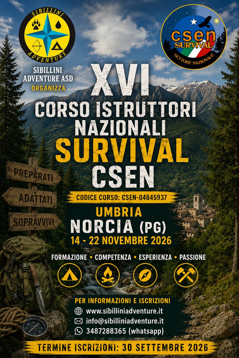 sibilliniadv's tweet photo. 🏔️ Preparati. Adattati. Sopravvivi.

Il XVI Corso Istruttori Nazionali Survival CSEN arriva nei Monti Sibillini! 📍 Norcia (PG) | 🗓️ 14–22 Novembre 2026 esperienza e passione con Sibillini Adventure ASD . Info e iscrizioni: https://t.co/t60CZ5y1pH   📩 https://t.co/L91q6Bm1g9