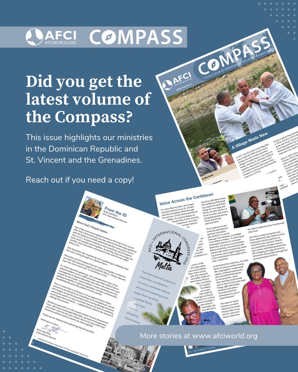 afciworld's tweet photo. We just mailed out the first #Compass newsletter for 2026. In this issue, we feature #AFCI's ministries in the #DominicanRepublic and #StVincent and share about our upcoming International Congress. Let us know if you want to be added to our mailing list! https://t.co/ylCilJahtv