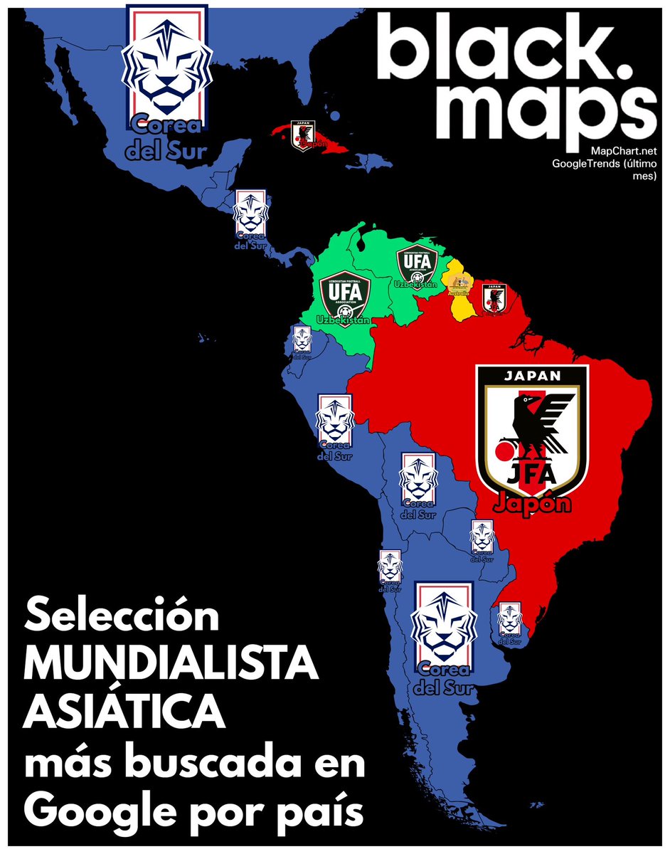 maps_black's tweet photo. Selección mundialista ASIÁTICA más buscada en cada país 🇰🇷🇯🇵🇦🇺🇺🇿 https://t.co/W048jNrjZA