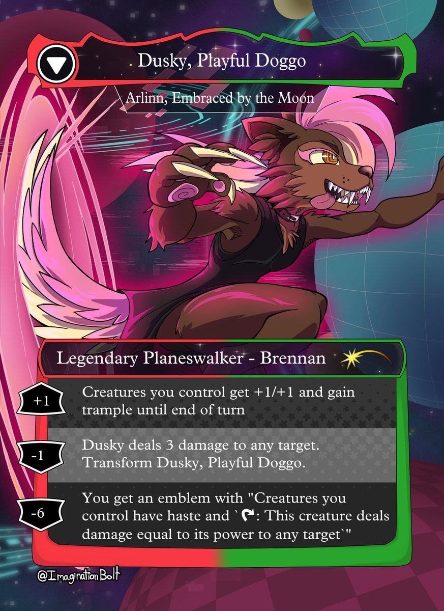 ImaginationBolt's tweet photo. If I had a nickel for every furry card I had a commission for, I'd probably need more commissions.

But this was a unique card with a VR Chat twist! It was fun to design this double-sided card!
(COMM: card 5-12) https://t.co/wbp72VhTlY