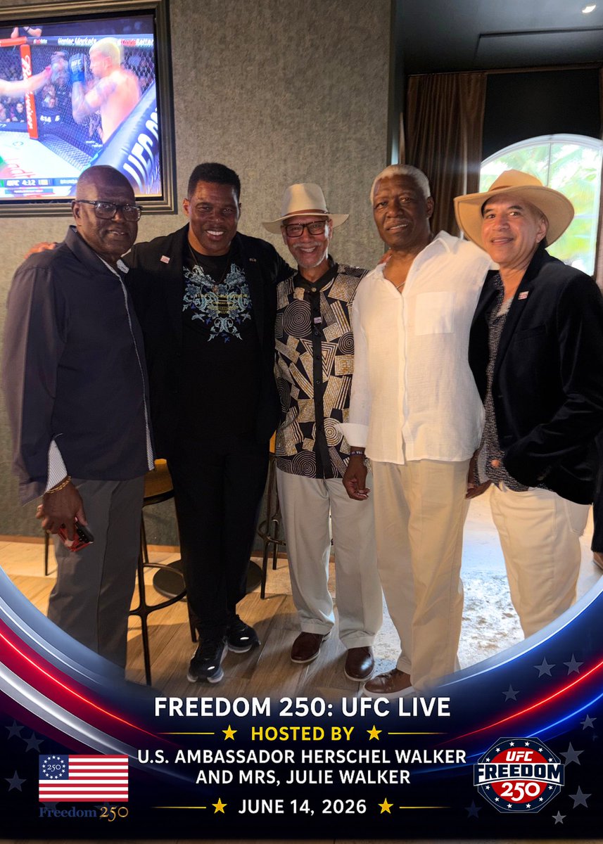 HerschelWalker's tweet photo. What a night! As an avid MMA fan, I was honored to host a UFC Freedom 250 live viewing event in The Bahamas while fans gathered at the White House for this historic event. MMA continues to unite people across borders and cultures. @ufc @potus @usembassynassau @freedom250 https://t.co/K8vxGeLETi