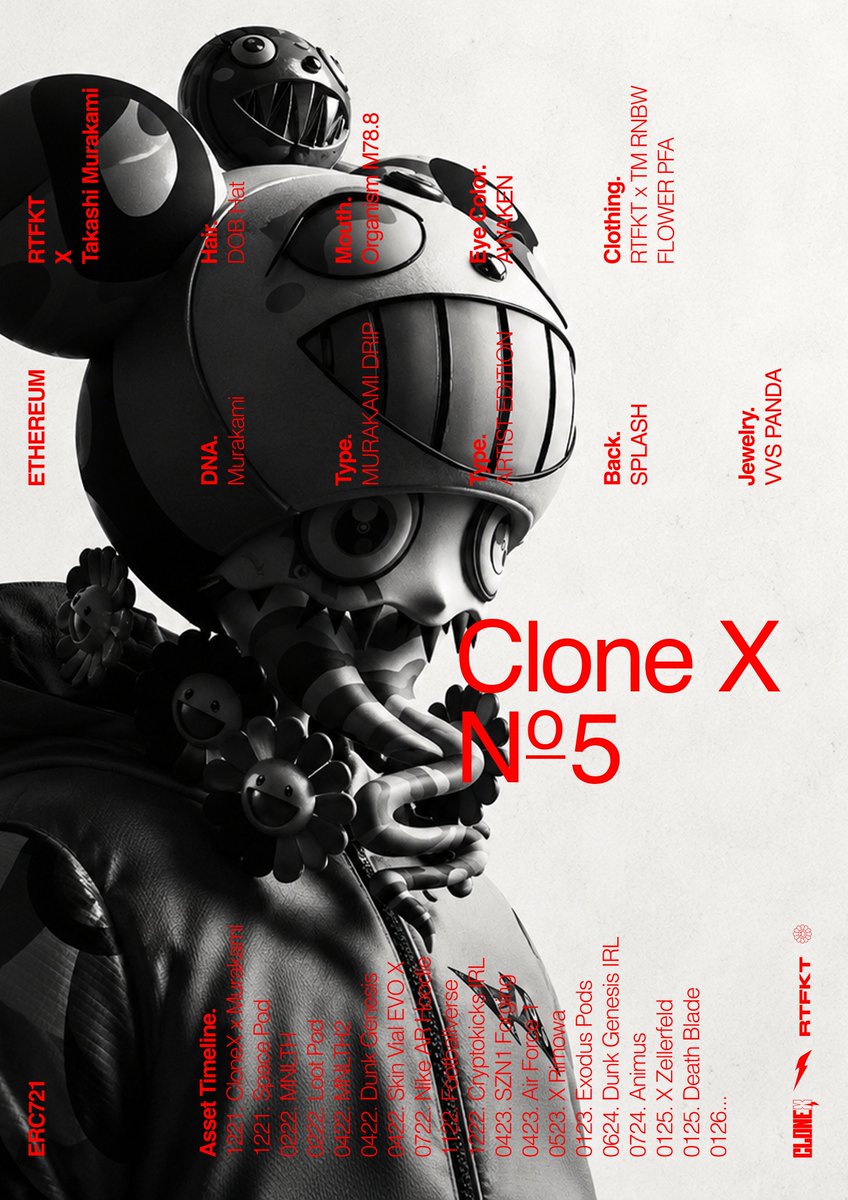 Zi99yS's tweet photo. CloneX #5. 
Murakami DNA. Artist Edition. Murakami Drip.

This one belongs to Chris Le, aka @ClegFX – one of the legends that built RTFKT from the ground up. 

Great to see him back on X posting early process work on clones. 

A reminder of what this project was really about. And what it took to make it one of the greatest pfp collections ever made.

One of the more complex clones to showcase in a poster. Made these for him.