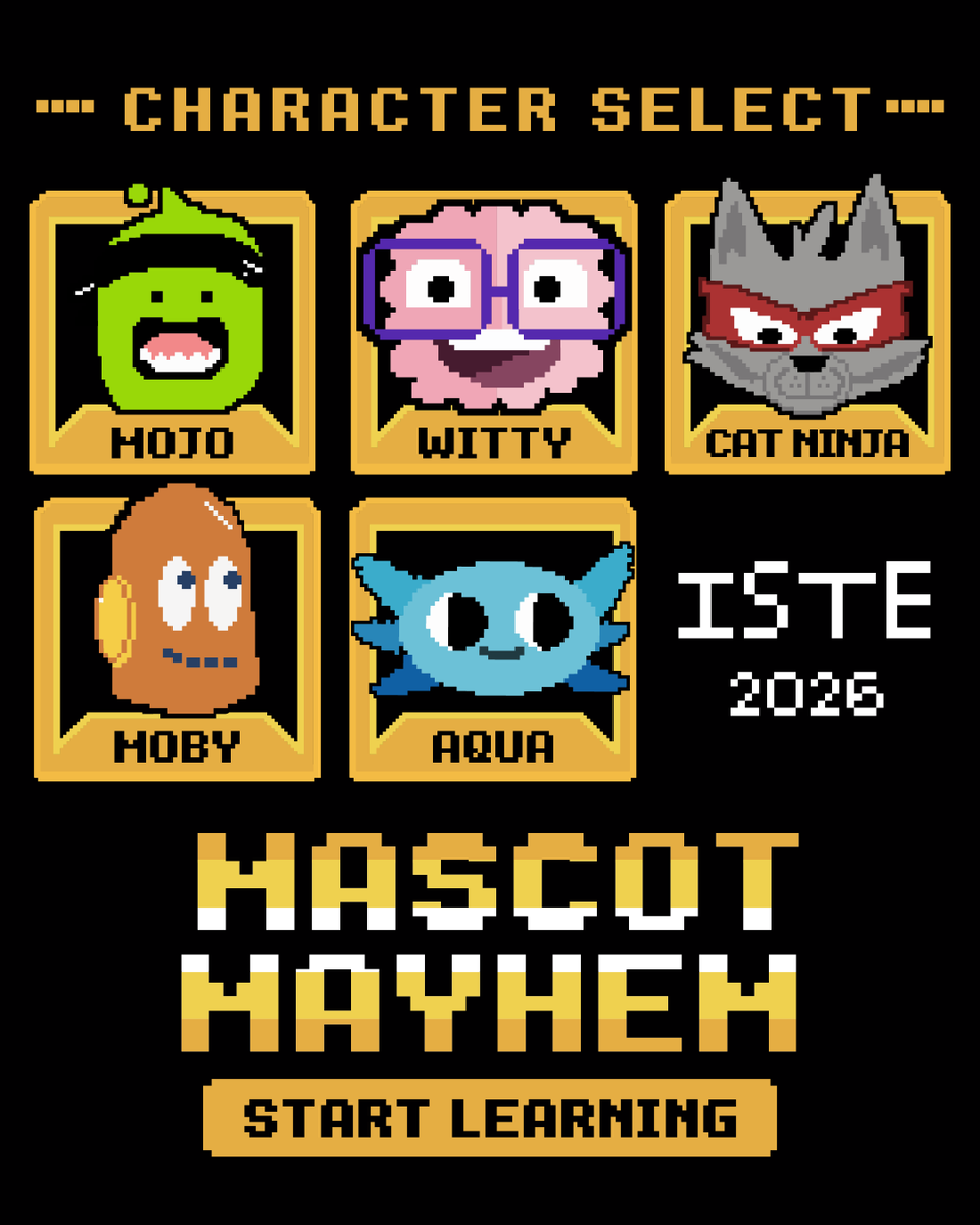 brainpop's tweet photo. CHARACTER SELECT! 🕹️ We've joined our friends @breakoutedu, @classdojo, @adobeforedu, and @epic4kids for a fun game only at #ISTELive! 

Drop by each of our booths, hunt for the circular BreakoutEDU clue signs, and scan to launch your mystery map. See you on the expo floor! 👋🤖 https://t.co/tix4uSjav0