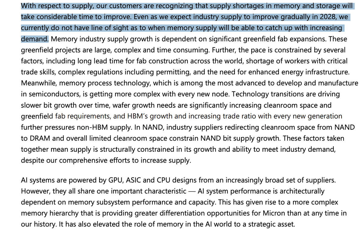 TheTranscript_'s tweet photo. Micron CEO: "With respect to supply, our customers are recognizing that supply shortages in memory and storage will take considerable time to improve. ...we currently do not have line of sight as to when memory supply will be able to catch up with increasing demand." $MU https://t.co/P4tikBUtvr