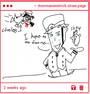ANGELICFANGZ's tweet photo. THANK YOU FOR THE STRAWPAGE SUBMISSIONS THEY ARE ALL SOOOO BEAUTIFUL 😭❤️❤️❤️ i like the 2nd one especially this doorman looks so kind...so inviting....hello doorman it is me Rita:) https://t.co/uEzEY6K1Pp