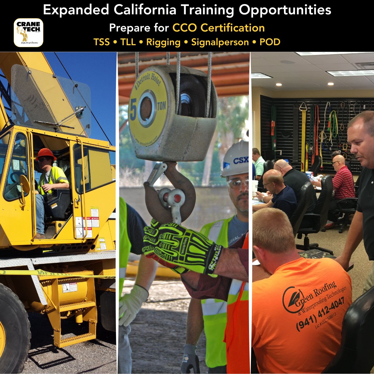 CranetechLLC's tweet photo. California training opportunities are now available through our collaboration with CERTEX USA.

Offering:
TSS &amp; TLL • Rigging • Signalperson • POD

Prepare for CCO certification with hands-on instruction and industry-experienced trainers.

https://t.co/bOyrhLgMmN https://t.co/xAU7yuFg21