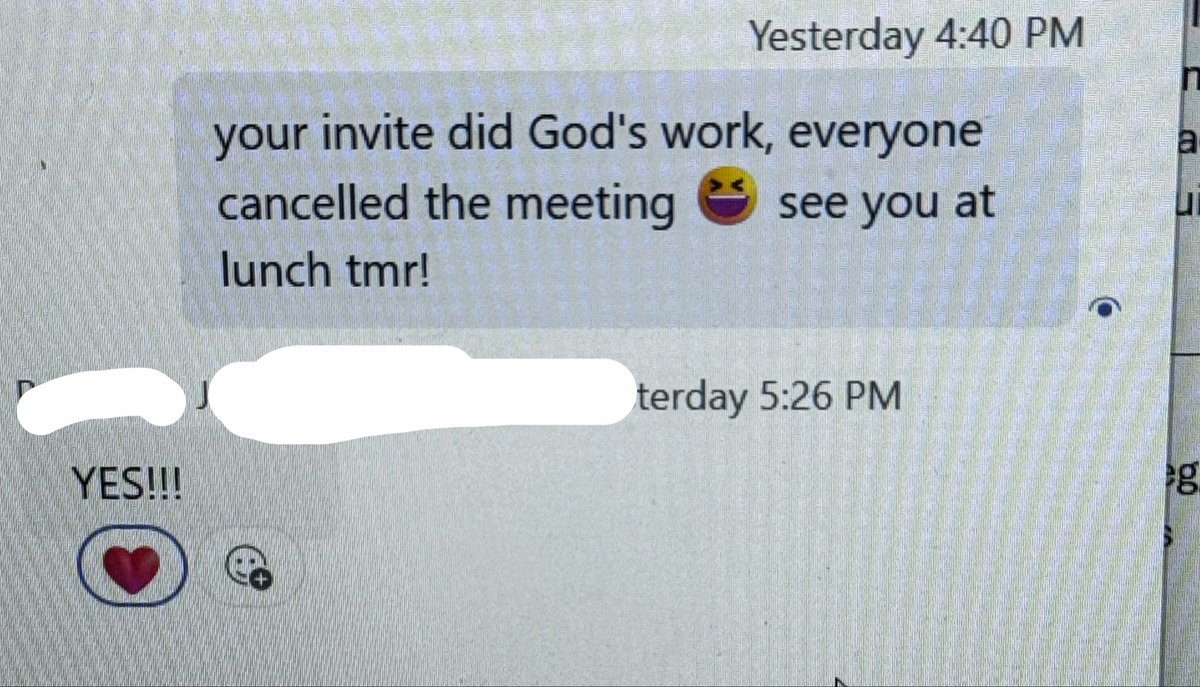 mndyslices's tweet photo. >> have meeting witth boss @ 11.30a
>> boss’ coworker invites interns out for lunch
>> turned out boss’ coworker cuz of meeting
>> boss’ coworker sends lunch invite to MY BOSS too 
>> my boss cancel’s meeting for lunch invite
>> everyone gets lunch together https://t.co/sMgTC8L9zg