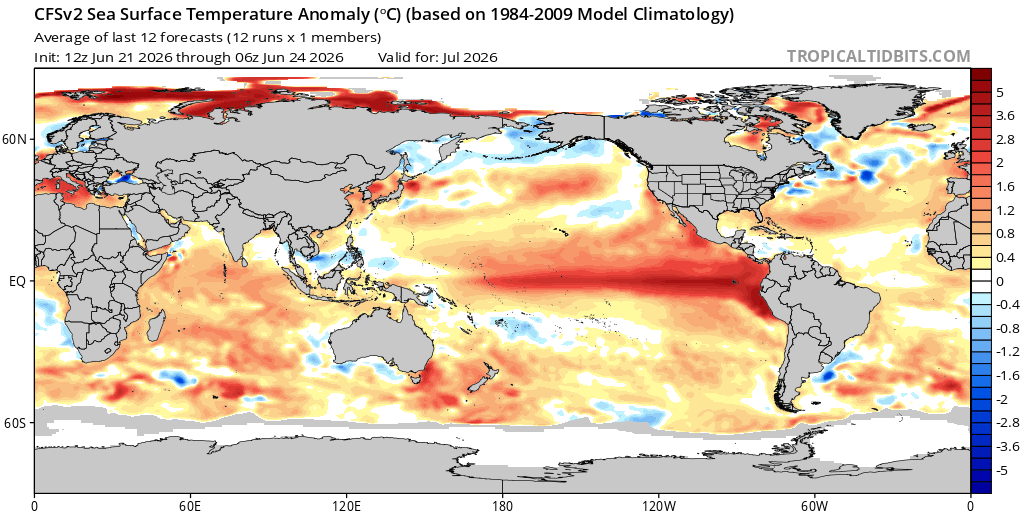 hombredeltiempo's tweet photo. No hay escenario de presiones más #ElNiño que esta proyección del modelo #ECMWF (europeo) a 288 horas.
El IOS resultante estaría entre -70 y -80 como los observados hacia fines de mayo de 1997.
De nuestro lado del océano, colapso del #Anticiclón, en un entorno de bajas presiones.
Veremos. 

Para julio en su conjunto, el modelo #CFSv2 ya muestra un estado consolidado de #ElNiño con un creciente calentamiento del mar, una clara deficiencia de presiones en el Pacífico oriental e incremento en el occidental y vientos alisios debilitados en casi todo el ámbito ecuatorial del océano.