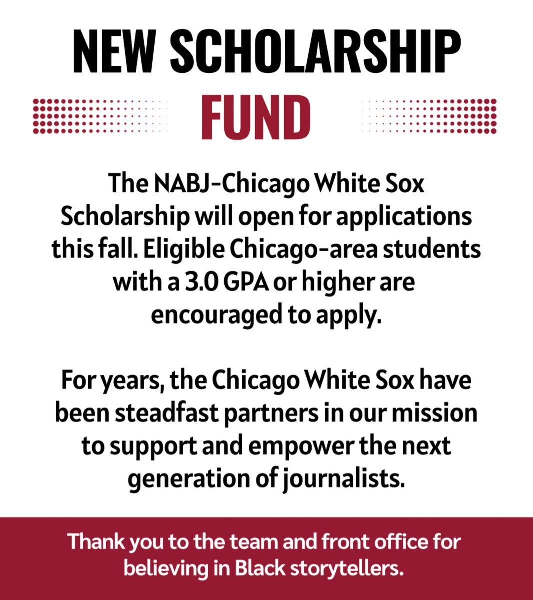 NABJCC's tweet photo. Thank you to the @whitesox for a $5,000 commitment to the NABJ-Chicago scholarship fund for 2026. 🙌🏾 

We’re grateful for your investment in Black storytellers and the future of our industry. 👏🏾 https://t.co/RakgO5T6gy