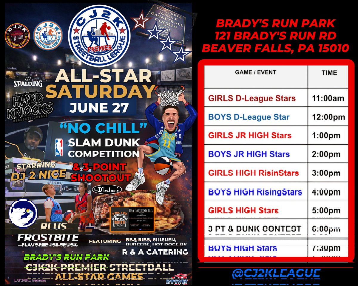 CJ2KLeague's tweet photo. JUNE 27TH = CJ2K ALL-STAR SATURDAY! 🍿🏀🎙🎶⭐️🔥🌞🚀📸
✅️ Dunk-Contest
✅️ 3-Point Competition
✅️ Live DJ
✅️ BBQ
✅️ Snow Cones
✅️ Boys &amp; Girls All-Star Games
✅️ FUN
Brady's Run Park
121 Brady's Run Rd
Beaver Falls, PA 15010
* Tenative Times subject to change. https://t.co/Fy5la9EsCN