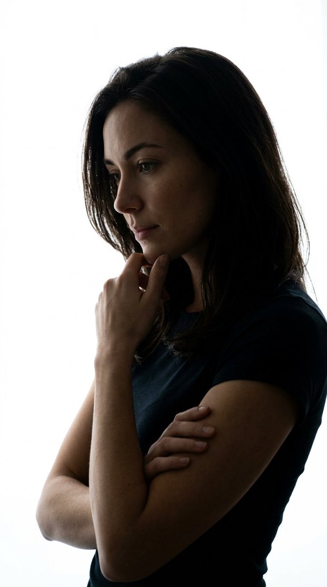 MetaBynny's tweet photo. Image prompts:

Vertical 9:16 cinematic editorial portrait of a creator against a pure blown-out white window background. Upper-body framing. Body angled slightly to the side. Head turned in three-quarter profile, looking downward and away from the camera. One hand raised with the index finger resting gently on the chin. Other arm folded across the torso.

Minimal styled outfit. Calm, thoughtful expression. Still high-fashion portrait pose.

Lighting is the most important part: pure blown-out white background with no visible detail. Strong backlight creates a dark silhouette around the subject. The body is mostly underexposed, with deep shadows across the hair, neck, torso, arms, hands, clothing, and lower frame.

Only the face receives a small amount of controlled light. Use a narrow soft frontal-side light aimed at the face from slightly camera-right. The light creates a subtle highlight on the cheekbone, nose bridge, and chin while leaving the opposite side of the face in shadow. The light falls off quickly below the chin, keeping the chest, outfit, arms, and hands mostly dark.

Dramatic low-key contrast. Bright white background, dark body silhouette, softly lit face, subtle rim light around the hair and shoulders. Controlled exposure, deep foreground shadows, cinematic fashion editorial lighting, shallow depth of field, sharp eyes, 85mm portrait lens, premium studio photoshoot, minimal background, no text, no logo, no extra people.

Negative prompt: even lighting, bright arms, bright chest, bright torso, bright outfit, fully lit body, flat daylight, visible window frame, detailed background, harsh flash, overexposed face, distorted hands, extra fingers, bad anatomy, blurry face, duplicate subject, text, watermark, logo
