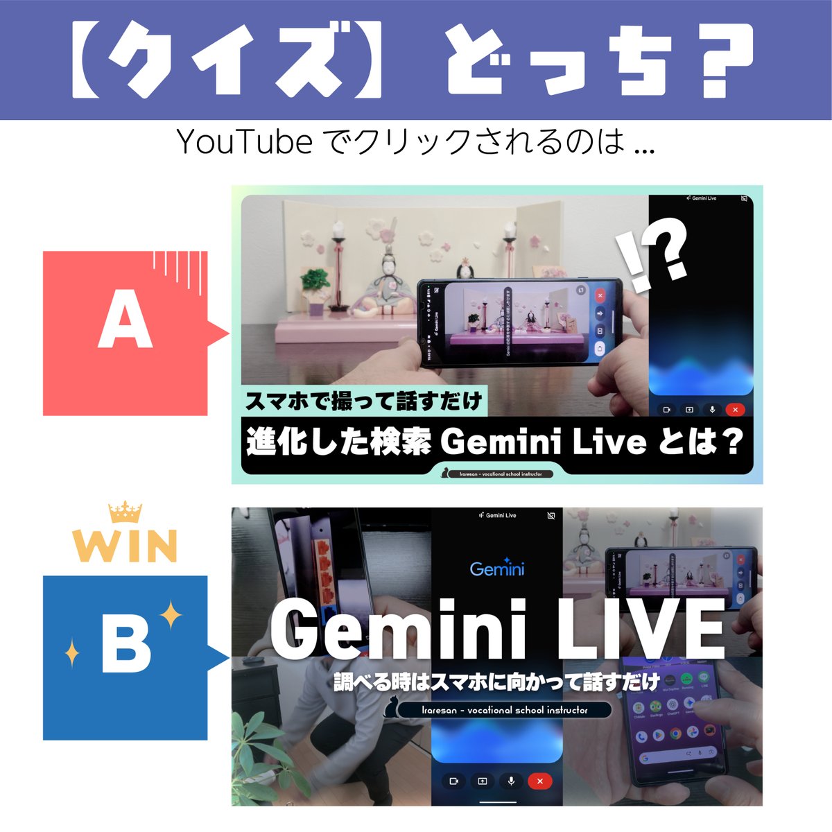 iraresan's tweet photo. 【正解発表】
勝者は👑【B】Gemini Liveで生活が劇変！ 

結果 A：27.7% / 👑 B：42.7%

今回は引き算の手元カット（A案）を抑え、ガジェット紹介の王道デザイン（B案）が15%の差をつけて大勝利という結果になりました！皆さんの予想はどうでしたか？✨
 #デザイン #YouTube https://t.co/Sae4gSlSRB