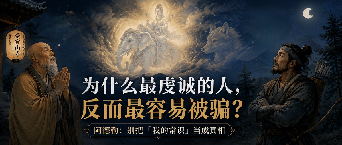Kobe90202's tweet photo. 阿德勒把这种现象叫做"狭义的常识"——它只在你自己的小世界里说得通。一旦你把它当作放之四海而皆准的真理去用，就等于老和尚深信自己见到的是菩萨——逻辑自洽，但结论是错的。

阿德勒的建议：当你对某件事深信不疑的时候，试着跳出自己的视角，从更多人的角度去看一看。

https://t.co/M4jDehxOVt https://t.co/1mG56vvmHX